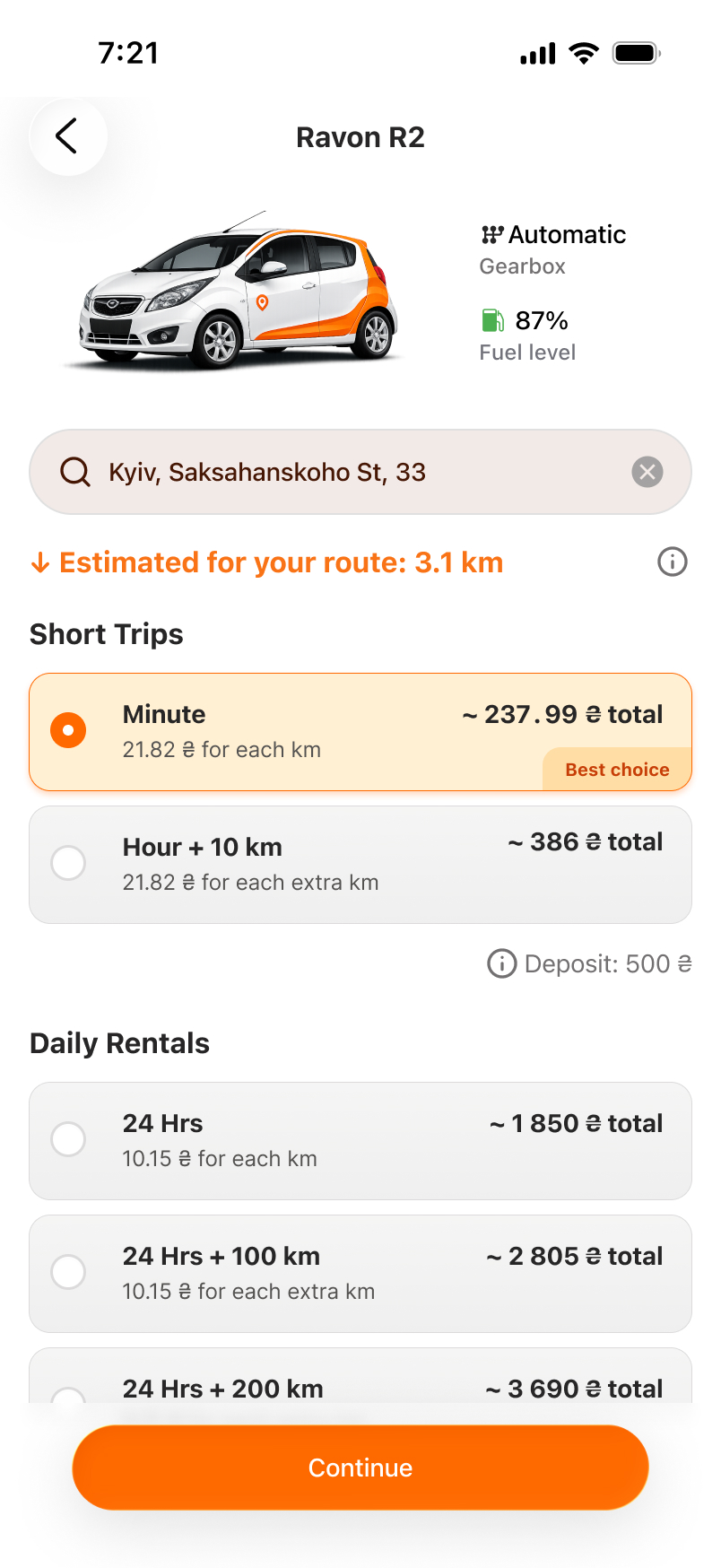Trip estimate with the best-matching tariff highlighted