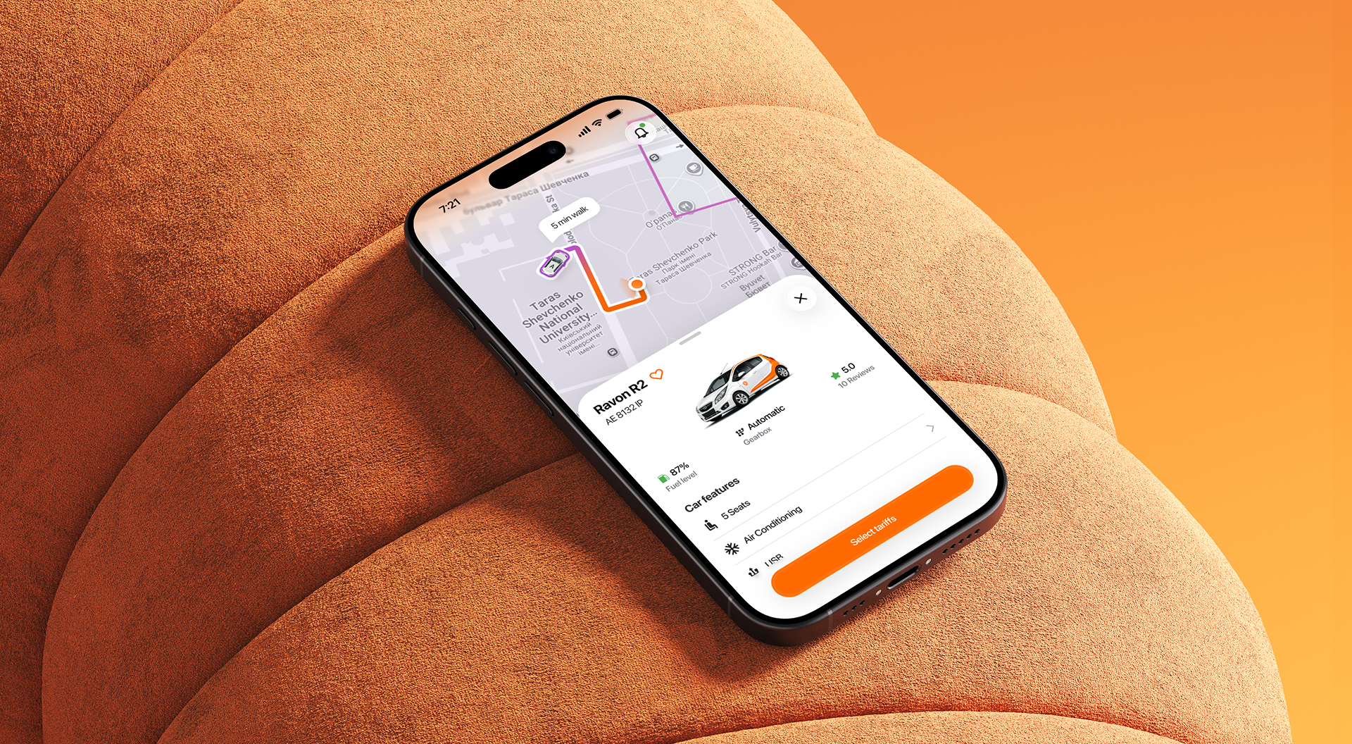 Getmancar iOS app screens — map, car card and tariff selection