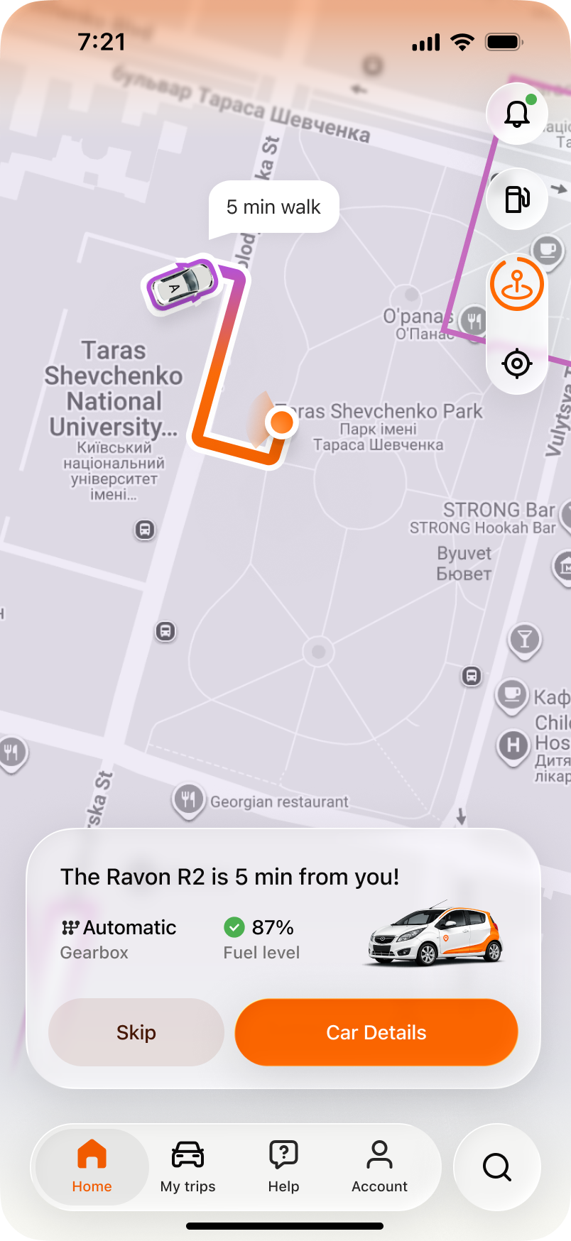 An available car surfaced with one-tap access to book it